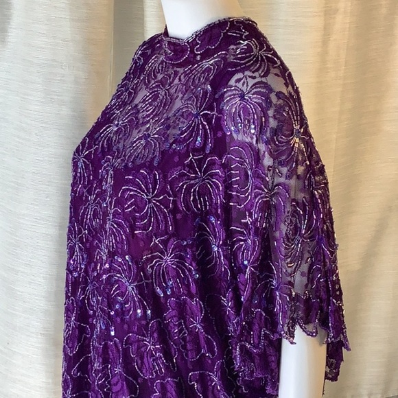 Brilliante By J.A. Purple Sequin Beaded Short Sleeve High Neck Tunic Top Sz L - Picture 10 of 12